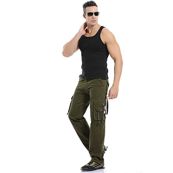 

outside recreational large size loose type cargo pants zipper overalls men's solid pockets leisure cotton 28-40, Black