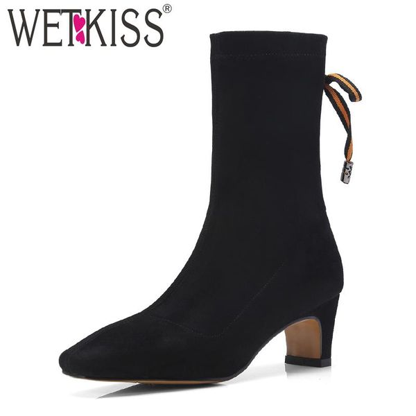 

boots wetkiss high heels women ankle fur suede footwear cross tied rubber stretch boot square toe shoes 2021 black