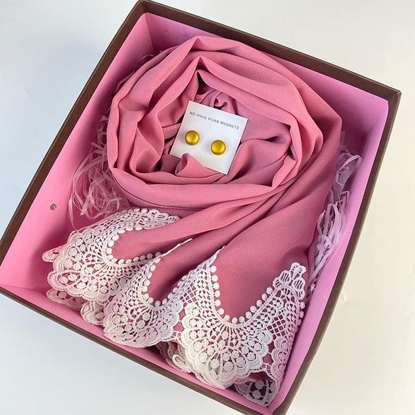 

ethnic clothing design bubble chiffon embroidered lace hijab magnet pin for muslim women scarf solid color shawls headband islamic foulard, Red