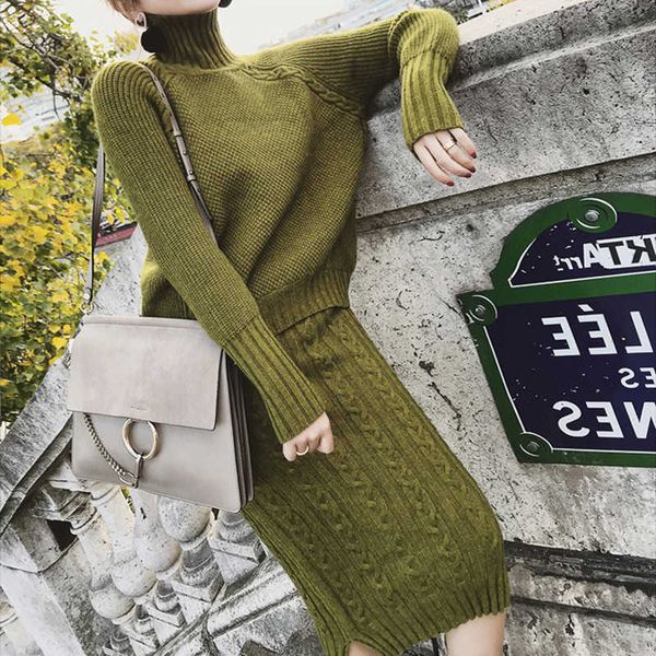 

two piece dress soft warm knitted 2 pieces women full sleeve turtleneck pullovers & twisted pencil skirt female sweater set mmv3, White
