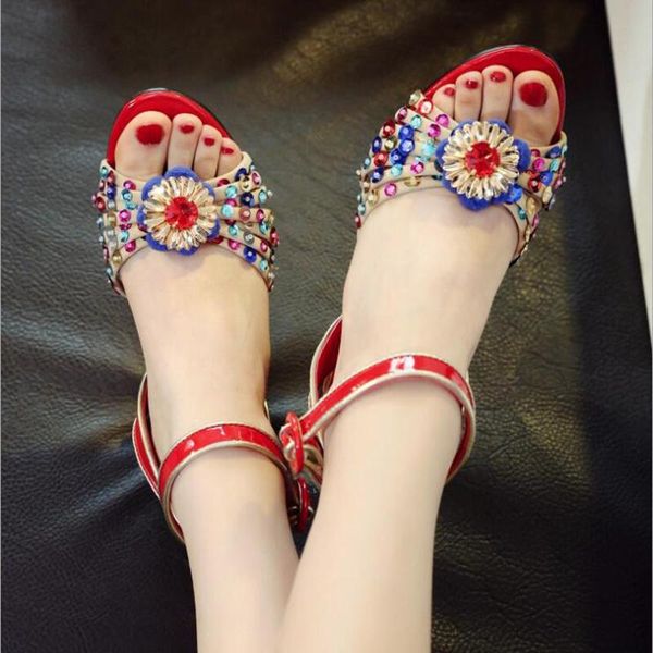 

summer retro color printing product flower rhinestone round toe open women sandals high heeled bridal wedding shoes dress, Black