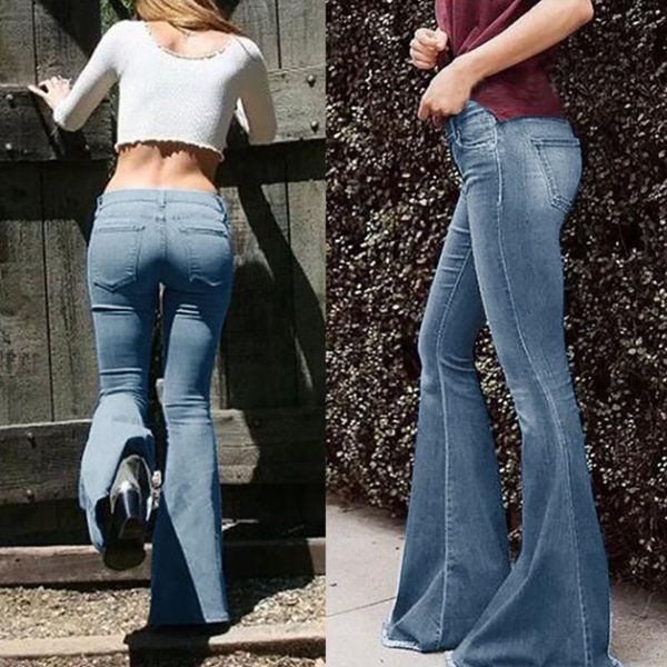 

women's jeans jaycosin 2021 solid flare mid waist boyfriend for women stretch slim pants high elasticity plus size 4xl 1126, Blue