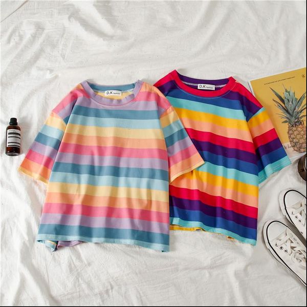 

kpop womens summer t shirts women short sleeved tee femme rainbow vintage harajuku slim streetwear ropa mujer camisetas clothes, White