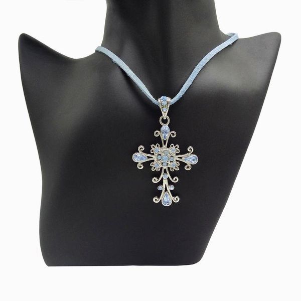 

pendant necklaces blue crystal vintage cross necklace with 3mm flat faux suede leather cord fashion jewelry, Silver