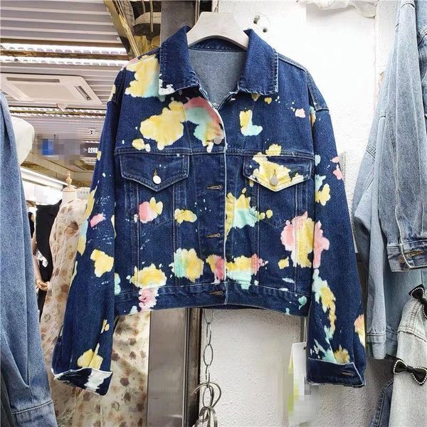 

women's jackets 2021 autumn fashion women denim coat turn down collar single-breasted tie-dye hand-painted long sleeve jacket, Black;brown