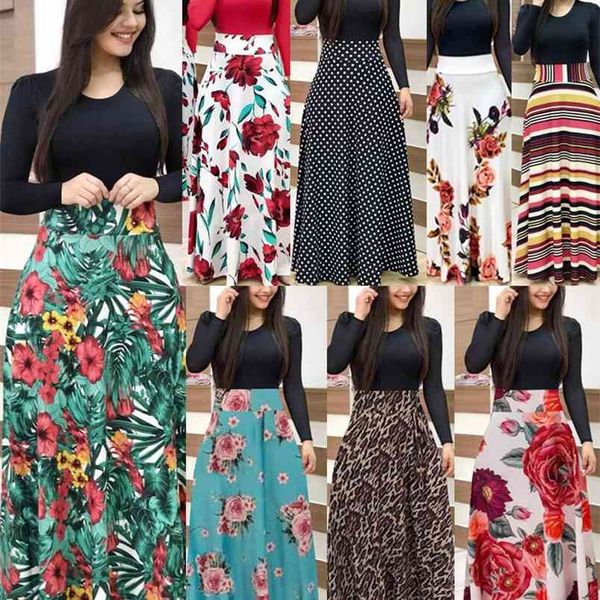 Taglie forti Abito estivo da donna Vintage Stampa floreale O Collo Splice Manica lunga Boho Beach Elegant Ladies es Vestidos 210522