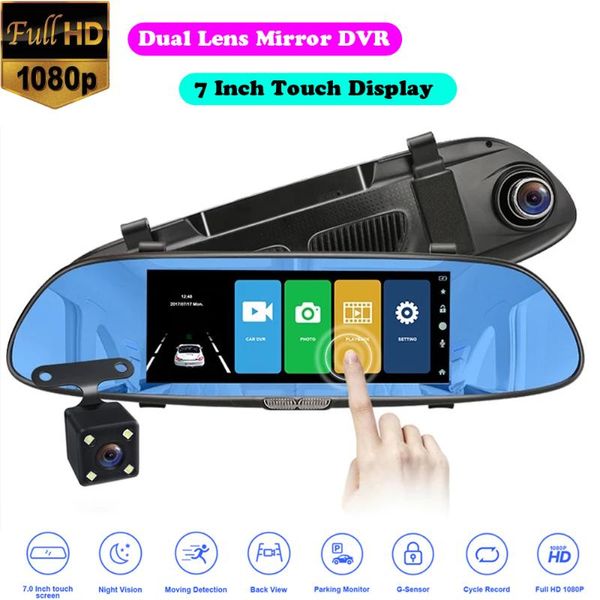 

7" touch screen car dvr rearview mirror camera dash cam auto video recorder fhd 1080p dual lens with rear view dashcam dvrs