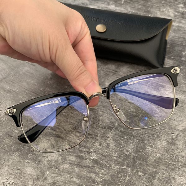 

crosin new fashion men's plusep pure titanium half myopia glasses women's flat lens frame, White;black