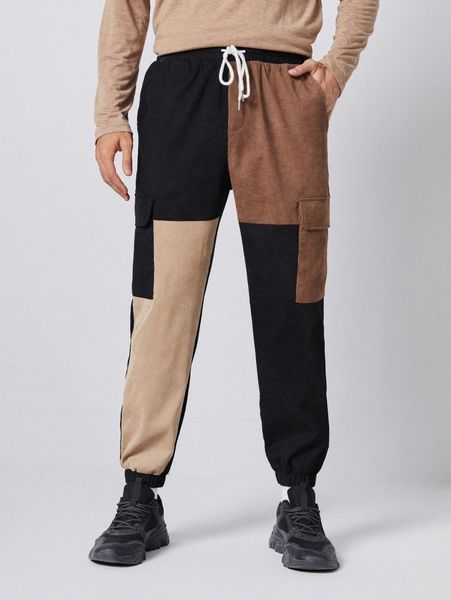

men cut and sew drawstring waist corduroy cargo pants 204i#, Black
