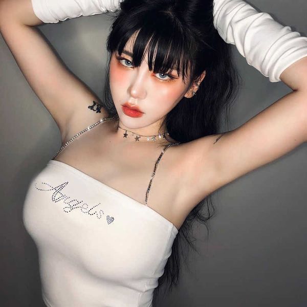 

diamond chain sling sleeve women's 2021 new spice girl temperament chest exposed navel wear kh21049, White