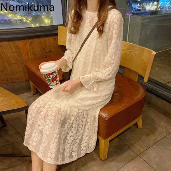 

nomikuma femme robe white lace dress women two pieces o neck long sleeve dresses trendy fashion korean vestidos mujer 3c764 210514, Black;gray