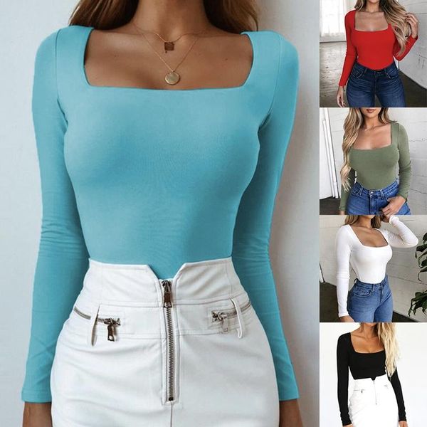 

women's t-shirt solid color slim square collar long sleeve bottoming top, White