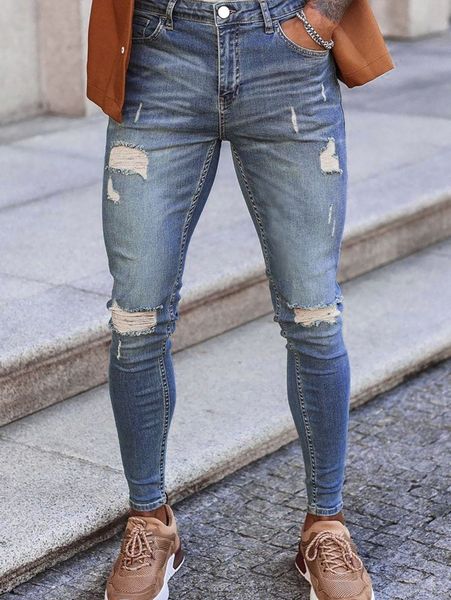 

men slant pocket ripped skinny jeans b91n#, Blue