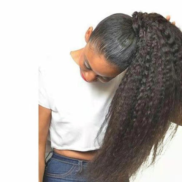 

kinky straight ponytail brazilian 100% human hair bundle for weave or wrap drawstring ponytails 20" 140g, Black