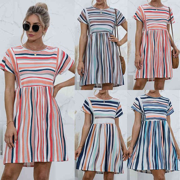 

summer womens fashion striped dress o-neck short sleeve slim a-line knee length dress ol officer beach party dresses, Black;gray