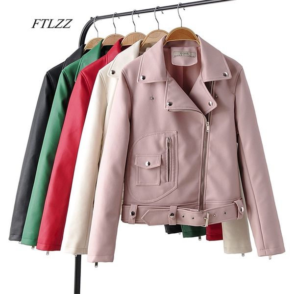 

women autumn pu moto faux soft leather short jacket turndown collar rivet zipper slim biker outerwear with belt 210430, Black