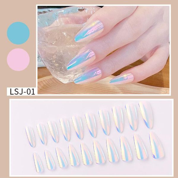 

false nails 24pcs manicure pointed wearing aurora magic mirror powder butterfly sticker rhinestone gradient nail patch finished, Red;gold