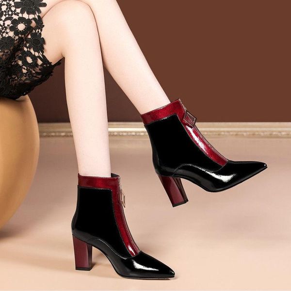 

boots shoes women 2021 short thick heel pointed autumn and winter single cotton tube fashion, Black