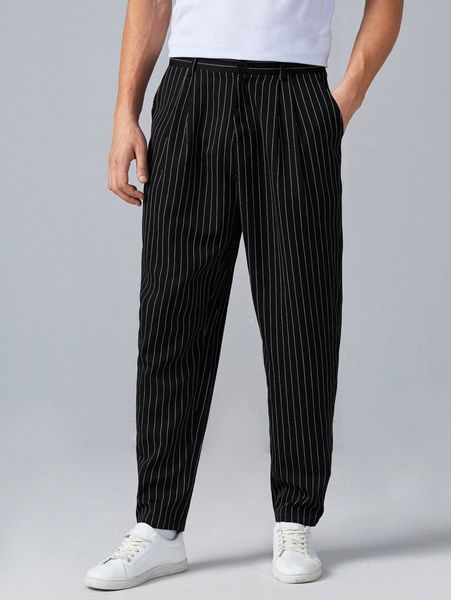 

men striped print plicated detail pants w9t0#, Black