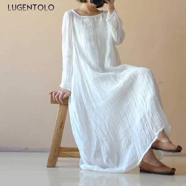 

casual dresses lugentolo women harajuku dress autumn long sleeve loose big swing solid o-neck lady simple maxi large size 5xl, Black;gray