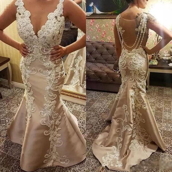 Grânulos champanhe sereia da noiva vestidos do noivo rendas pérolas florais com decote em v fishtail ocn mãe vestidos de baile vestido de convidado de casamento mor