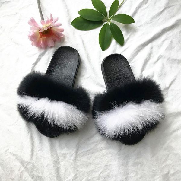 

slippers girls fashion mixed-color fur slides for sal, Black