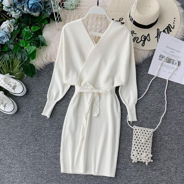 

casual dresses women spring autumn dress vestidos 2021 fashion v neck pullover sweater ladies slim bawting sleeve knitted robe, Black;gray