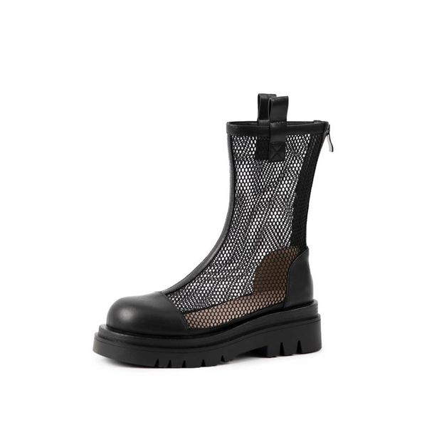 

boots osunlina 2021 summer ankle woman round toe genuine leather flat with platform breathable mesh back zipper handmade shoes, Black