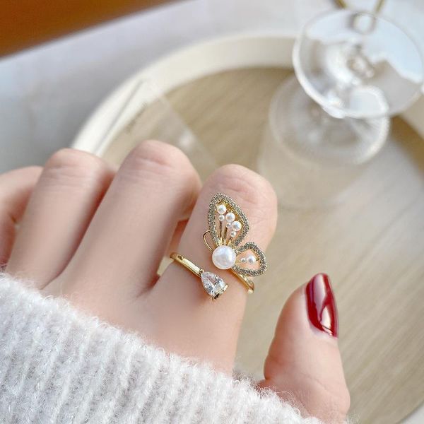 

korea design fashion jewelry exquisite copper inlaid zircon butterfly ring elegant women's pearl opening adjustable cluster rings, Golden;silver