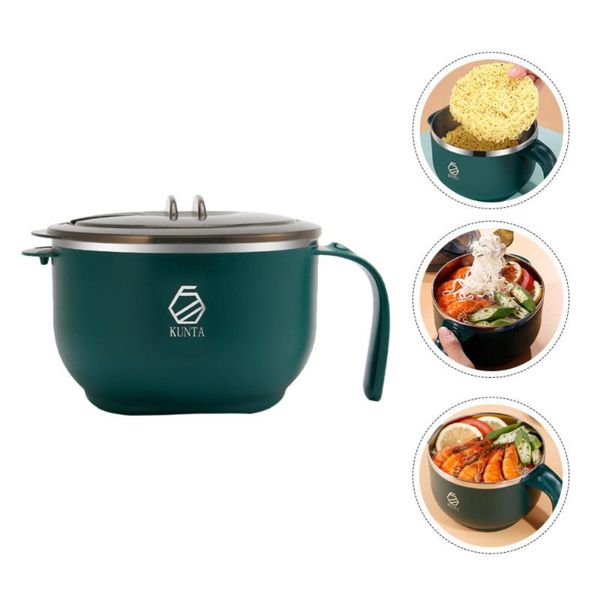 

1pc stainless steel noodles bowl students rice lidded insulated green bowls