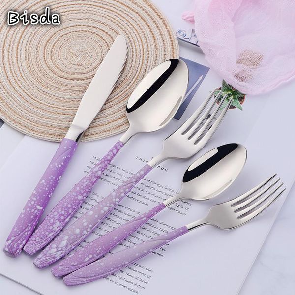 

dinnerware sets 5pcs cutlery set stainless steel spoon fork knife colorful utensil kitchen flatware dinner service western tableware