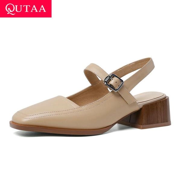 

dress shoes qutaa 2021 women square heel toe slingback buckle sandals summer cow leather hollow fashion ladies pumps size 34-39, Black