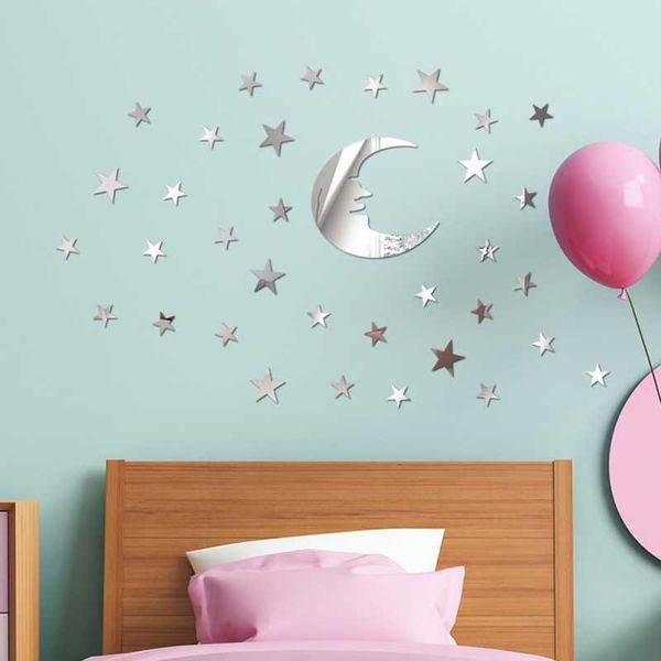 Estrela e Moon Acrílico Espelho DIY Adesivo de Parede Decoração Decalques de Parede Murais para sala de estar Crianças Berçário Banheiro 210705