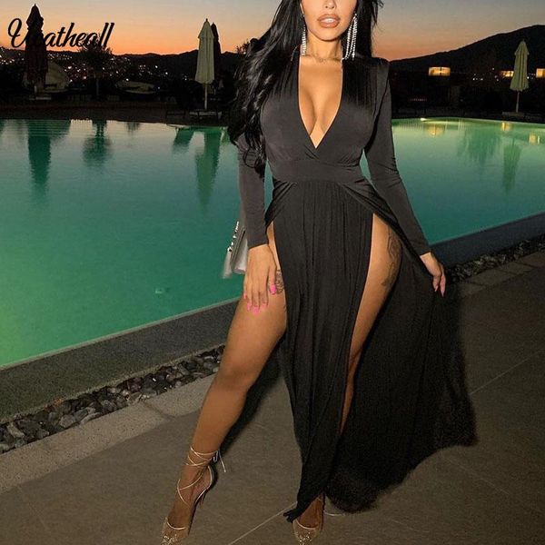 

casual dresses christmas dress women split hem party maxi long sleeve female autumn holiday vestidos, Black;gray