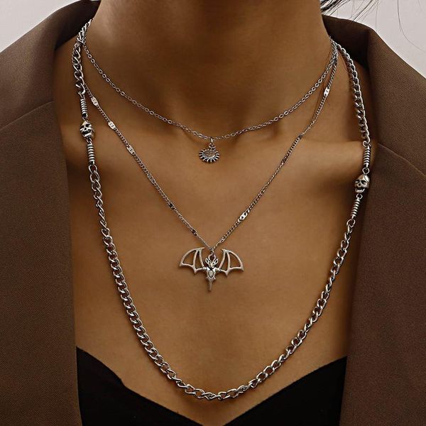 

pendant necklaces vintage punk multilayer choker skull bat chain silver color hip hop necklace for women party fashion jewelry gift