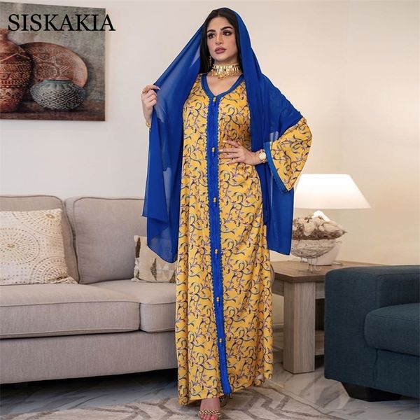 Maxi abito elegante con nastro etnico per donna Caftano marocchino Dubai Turchia Musulmano manica lunga Abaya Arabo Jalabiat Autunno Nuovo 210320