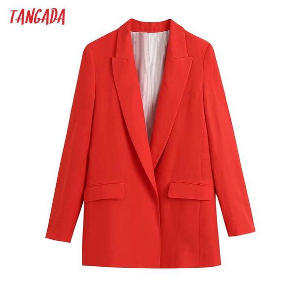 Tangada mulheres moda escritório desgaste vermelho blazer casaco vintage manga comprida bolsos feminino outerwear be914 210609