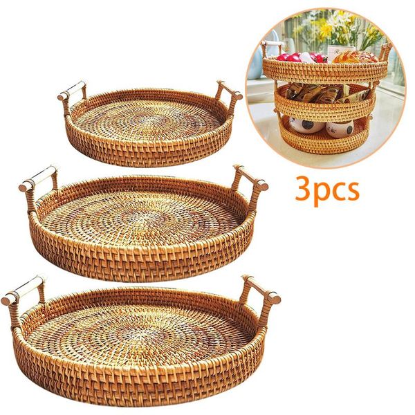 

dishes & plates hand-woven rattan serving tray with handles for breakfast drinks snack dining bamboo bread fruits storage organizer basket