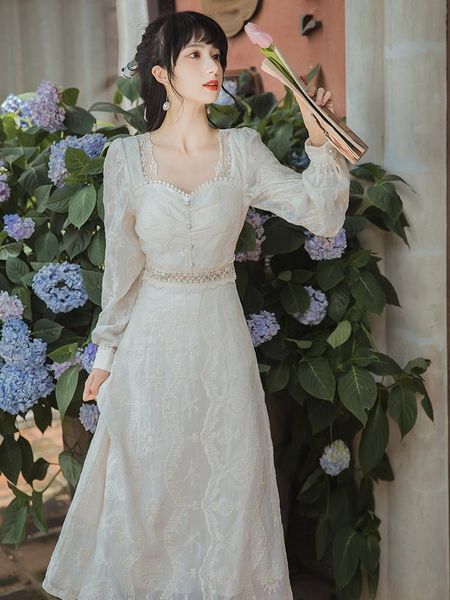 

casual dresses ways of french lace hollow out party brought the dress with long sleeves sweet temperament autumn 2700, Black;gray