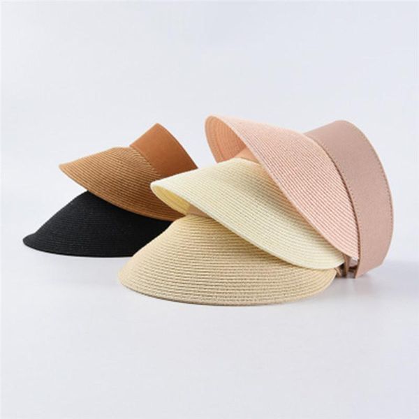 

women summer visors hat foldable sun wide large brim beach hats straw chapeau femme uv protection caps, Blue;gray
