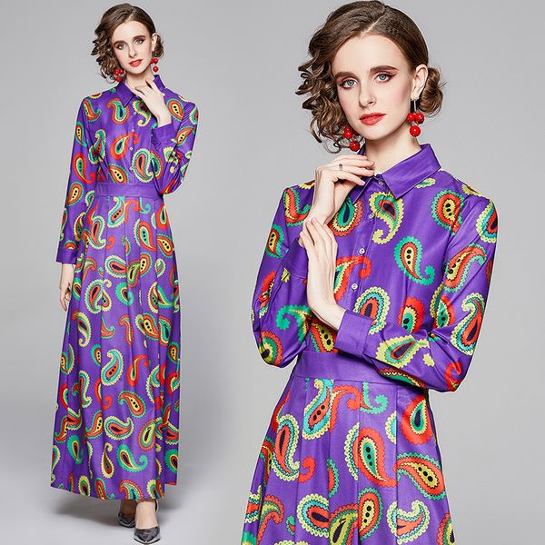 

2022 elegant classic printed maxi dress runway women long sleeve slim fit stylish designer a-line prom pleated dresses business party office, Black;gray