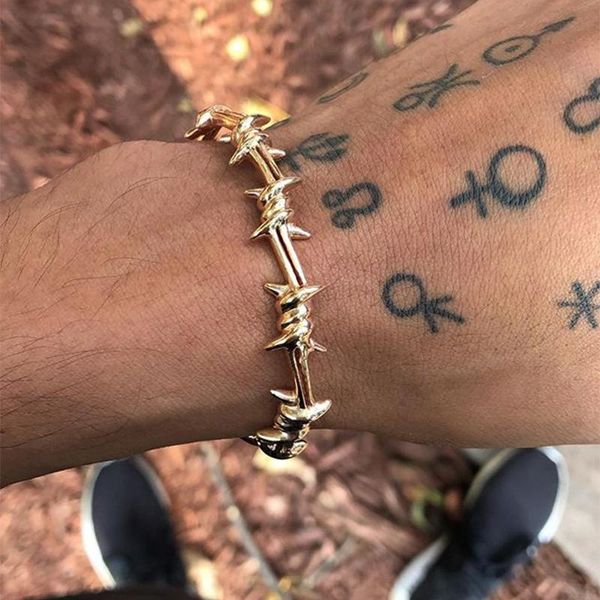 

men bangle open cuff twist thorns wire pulsera titanium steel geometric bracelet bangles 17-19cm barbed jewelry hip hop, Golden;silver