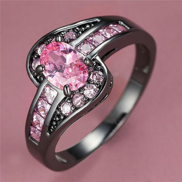 

wedding rings charm female pink zircon stone ring dainty 14kt black gold for women vintage bride oval crystal engagement, Slivery;golden