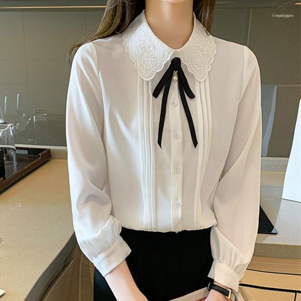 

women's blouses & shirts korean women chiffon shirt embroidered blouse woman bow long sleeve plus size hollow out blouses1, White