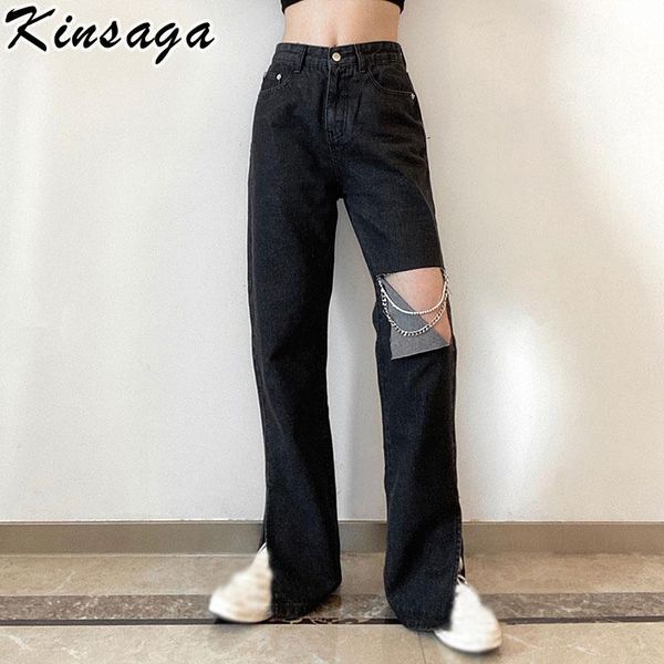

women's jeans streetwear punk ripped hole high waist straight women hollow out chains baggy denim pants harajuku vintage split trousers, Blue