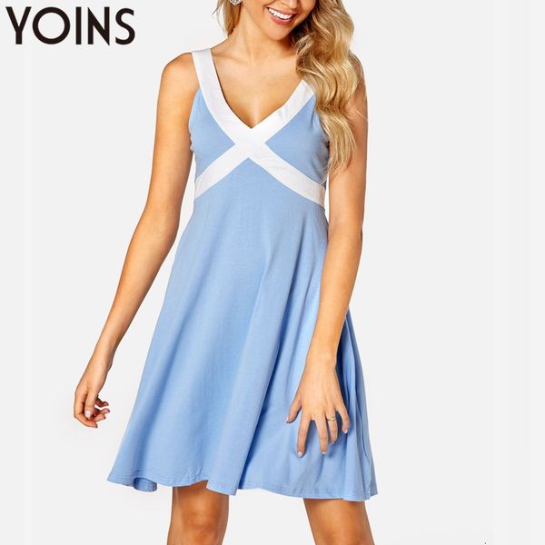 

dresses yoins women 2021 fashion sleeveless party dress summer blue v-neck smock sundress backless high waist casual midi vestidos, Black;gray