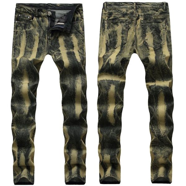 

men's jeans stretch high mens painting coated elastic denim slim print male fashion casual pants size 40, Blue