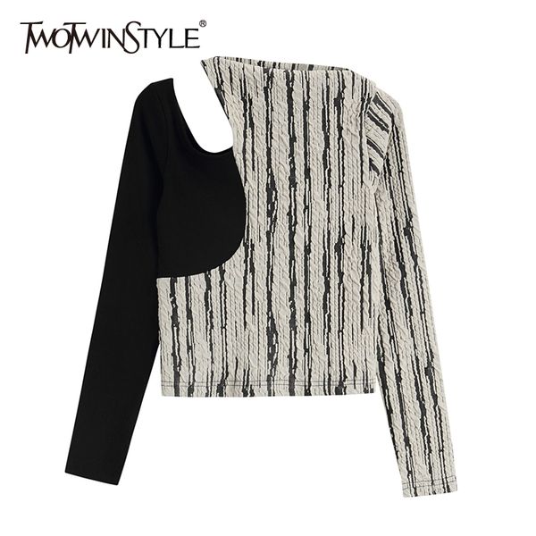 

twotwinstyle vintage hollow out t shirt for women o neck long sleeve slim short t shirts female fashion autumn clothes 210517, White