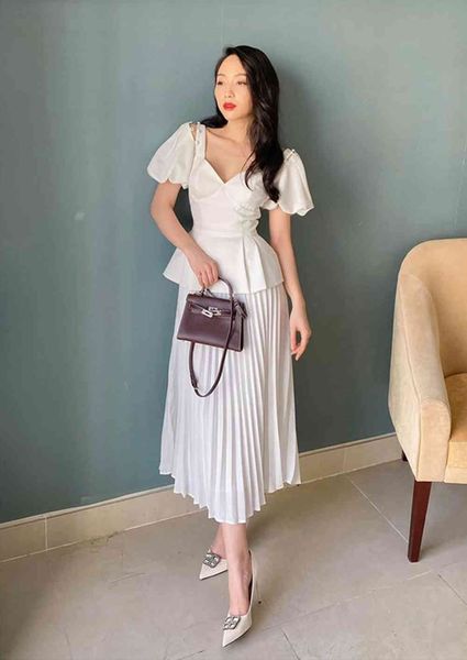 

skirts quality white slash neck short sleeves and fold mid dress high street sweet two piece suit, Black