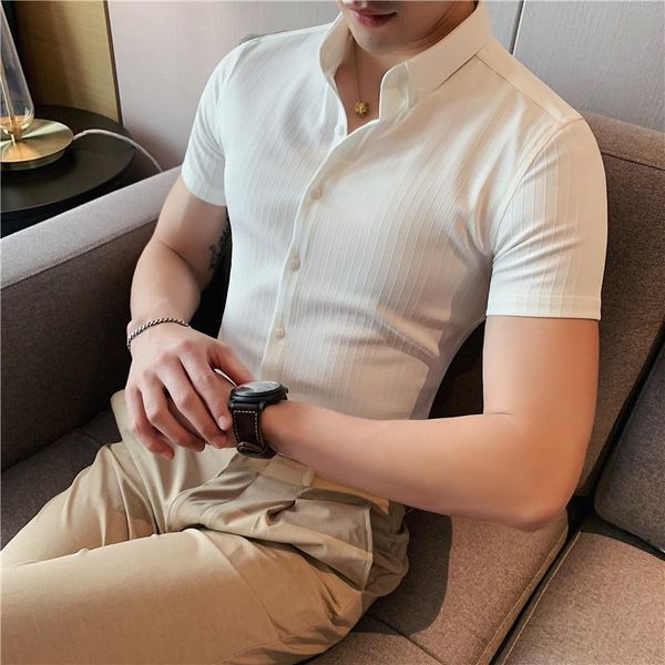 

men's dress shirts summer men striped short sleeve fashion 2021 korean slim fit casual business formal wear blouse homme, White;black